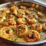 Close-up of juicy shrimp simmering in a rich, creamy garlic sauce, making the Keto Creamy Garlic Shrimp Skillet.