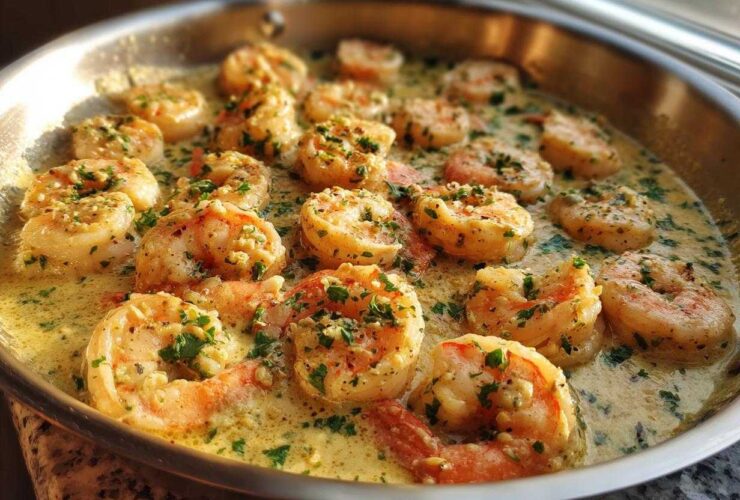 Close-up of juicy shrimp simmering in a rich, creamy garlic sauce, making the Keto Creamy Garlic Shrimp Skillet.