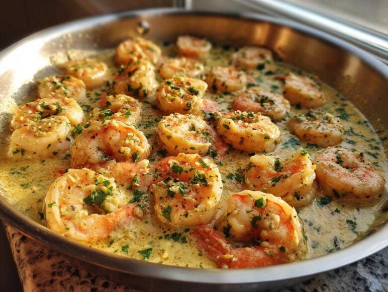 Close-up of juicy shrimp simmering in a rich, creamy garlic sauce, making the Keto Creamy Garlic Shrimp Skillet.