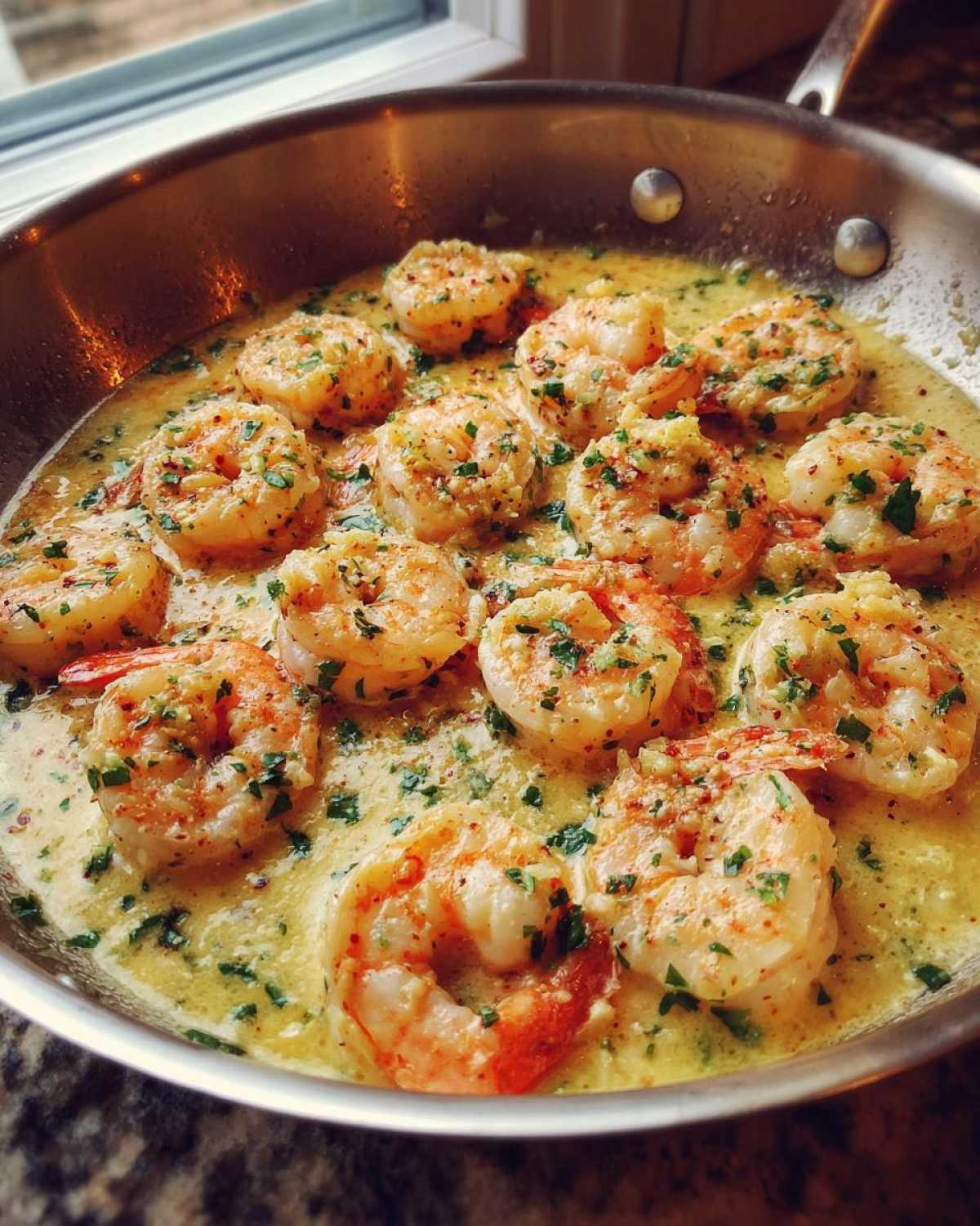 Close-up of plump shrimp simmering in a rich, creamy garlic sauce in a stainless steel skillet, perfect for Keto Creamy Garlic Shrimp Skillet.