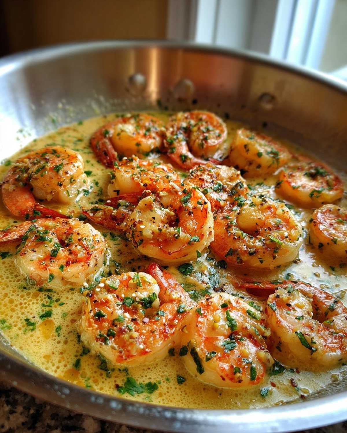Close-up of plump shrimp simmering in a rich, creamy garlic sauce in a stainless steel skillet, perfect for Keto Creamy Garlic Shrimp Skillet.
