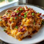 Close-up of Keto Creamy Jalapeno Popper Chicken smothered in orange cheese sauce, bacon bits, and green onions.