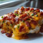 Two servings of Keto Creamy Jalapeno Popper Chicken smothered in cheese sauce, bacon bits, and chives.