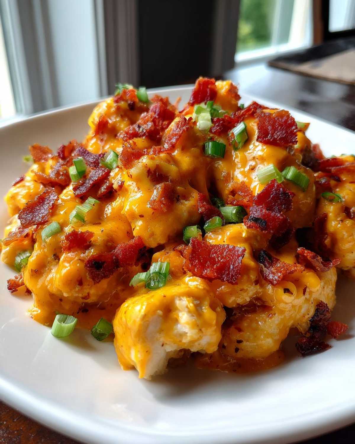 Close-up of Keto Creamy Jalapeno Popper Chicken smothered in cheese sauce, topped with bacon bits and green onions.