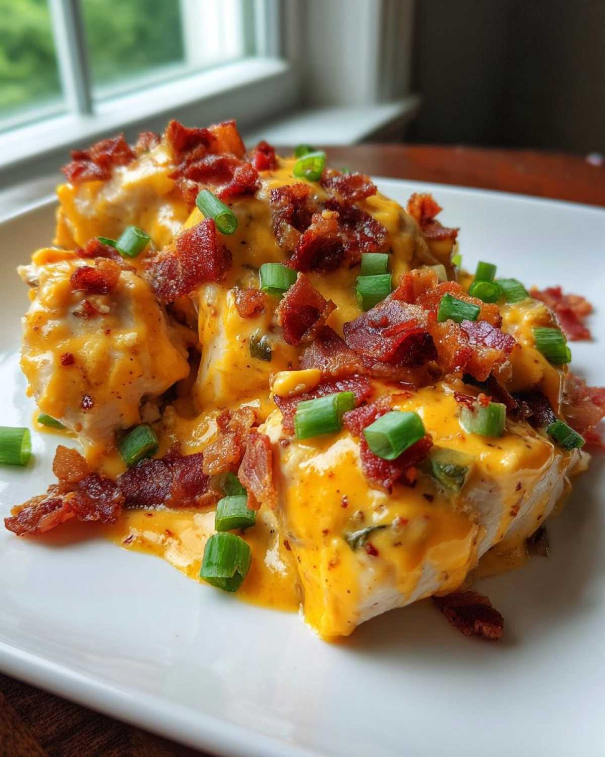 Three pieces of Keto Creamy Jalapeno Popper Chicken covered in orange cheese sauce, bacon bits, and green onions.