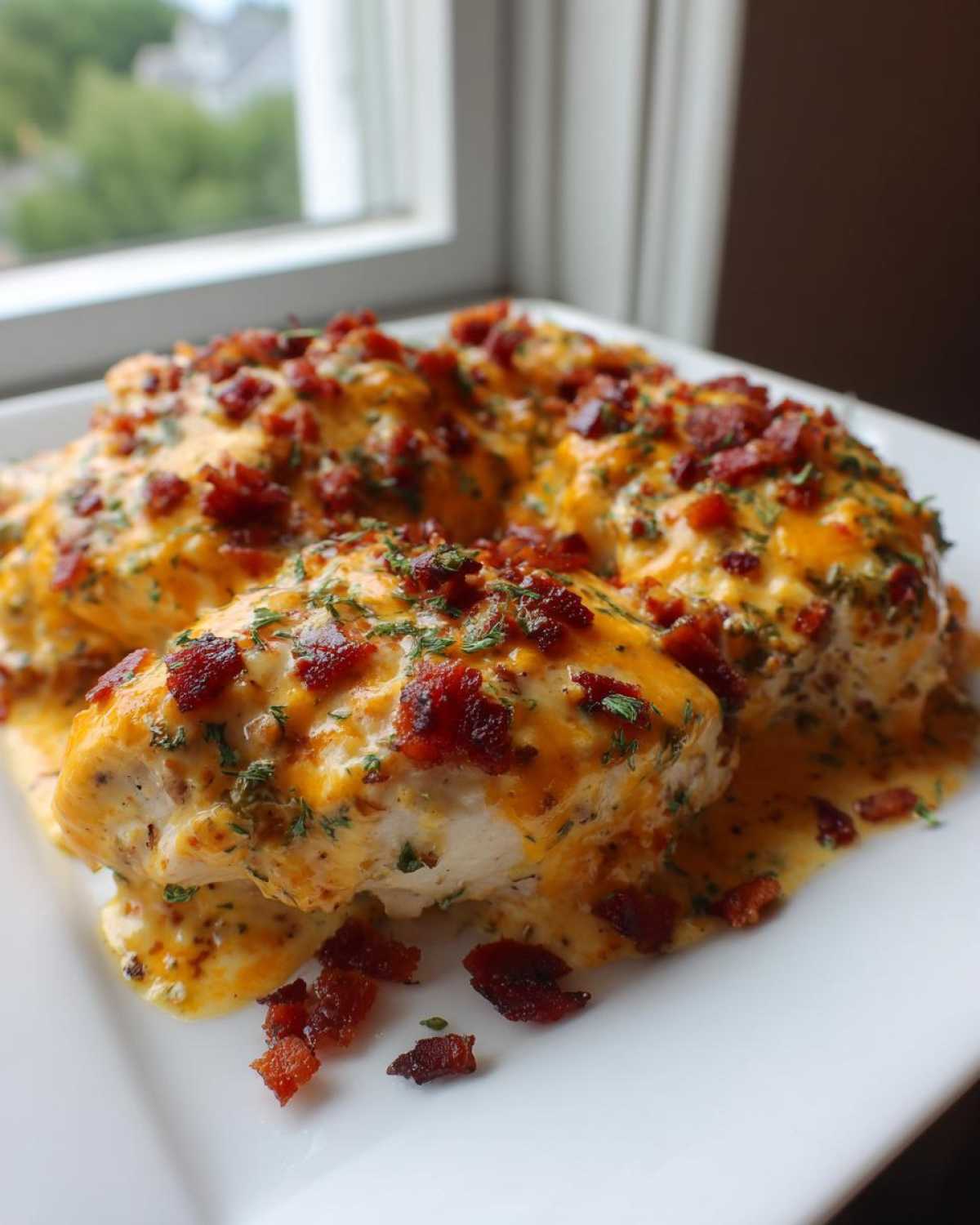 Four servings of Keto Creamy Jalapeno Popper Chicken smothered in cheese sauce and topped with crispy bacon bits.