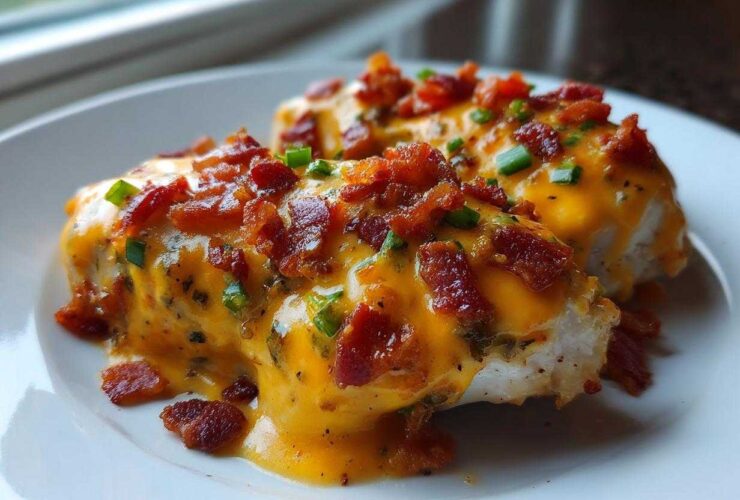 Two servings of Keto Creamy Jalapeno Popper Chicken smothered in cheese sauce, bacon bits, and chives.