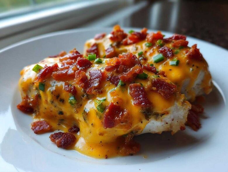 Two servings of Keto Creamy Jalapeno Popper Chicken smothered in cheese sauce, bacon bits, and chives.