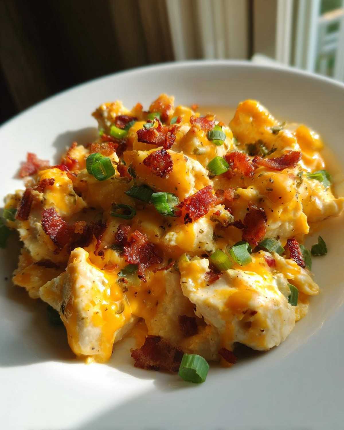 Close-up of Keto Creamy Jalapeno Popper Chicken topped with melted cheddar, bacon bits, and green onions.