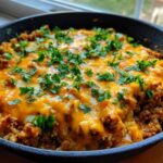 Melted cheese topping on a Keto Creamy Taco Skillet with cauliflower rice and ground meat, garnished with fresh parsley.