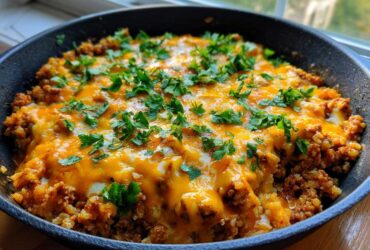 Melted cheese topping on a Keto Creamy Taco Skillet with cauliflower rice and ground meat, garnished with fresh parsley.