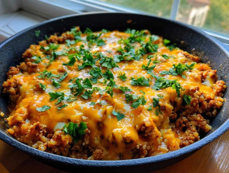 Melted cheese topping on a Keto Creamy Taco Skillet with cauliflower rice and ground meat, garnished with fresh parsley.