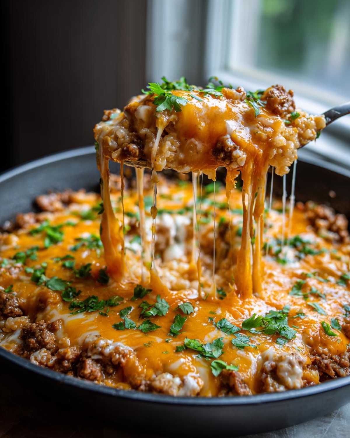 A spoonful of Keto Creamy Taco Skillet with cauliflower rice, ground beef, and melted, stretching cheese.