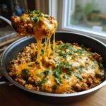 A spoonful of Keto Creamy Taco Skillet is lifted, showing extreme cheese pull over the skillet filled with cauliflower rice and ground meat.