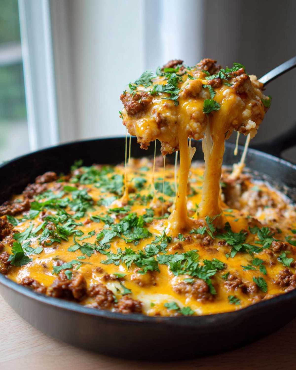 A spoonful of Keto Creamy Taco Skillet shows melted cheese stretching as it's lifted from the cast iron pan.