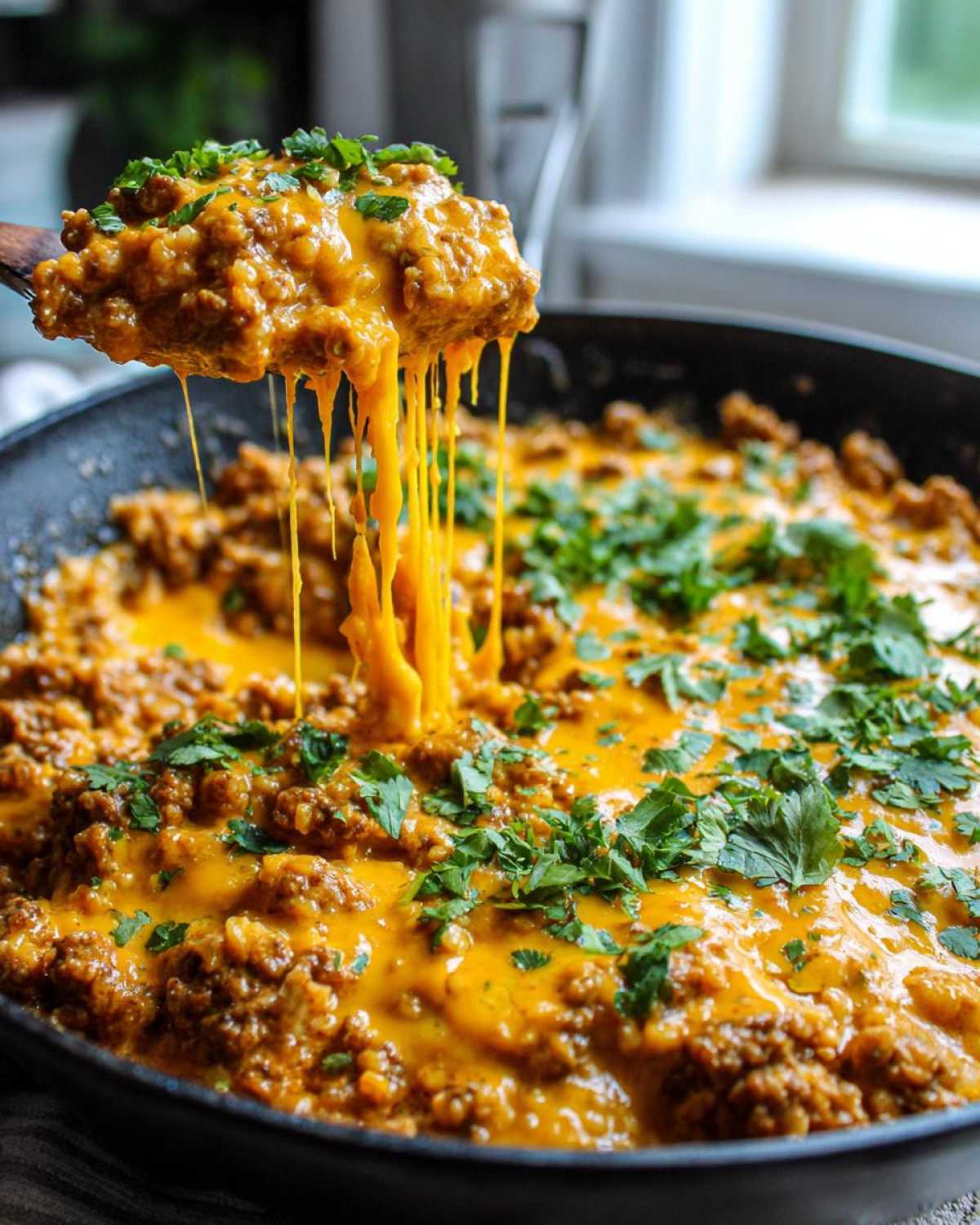 A wooden spoon lifts a scoop of Keto Creamy Taco Skillet with cauliflower rice, showing dramatic cheese pulls over the skillet.