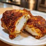 Close-up of Keto Crispy Baked Chicken Thighs cut in half showing juicy white meat and seasoned crust.