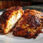 Two pieces of perfectly cooked Keto Crispy Baked Chicken Thighs on a white plate, one cut open showing juicy white meat.
