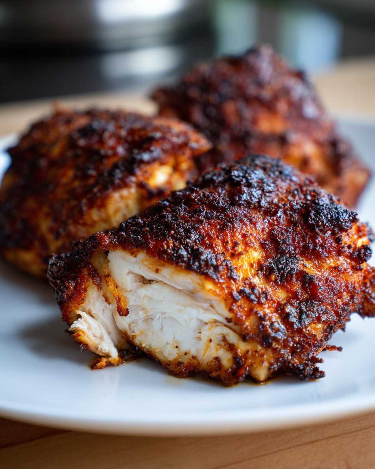 Close-up of a perfectly cooked Keto Crispy Baked Chicken Thighs piece, showing juicy white meat and a dark, seasoned crust.