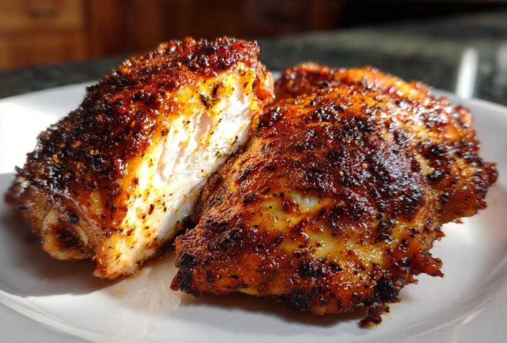 Two pieces of perfectly cooked Keto Crispy Baked Chicken Thighs on a white plate, one cut open showing juicy white meat.
