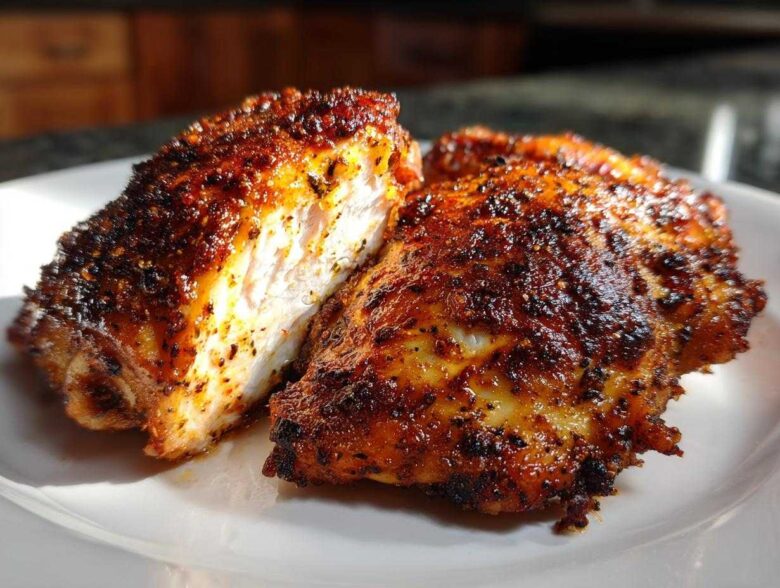 Two pieces of perfectly cooked Keto Crispy Baked Chicken Thighs on a white plate, one cut open showing juicy white meat.