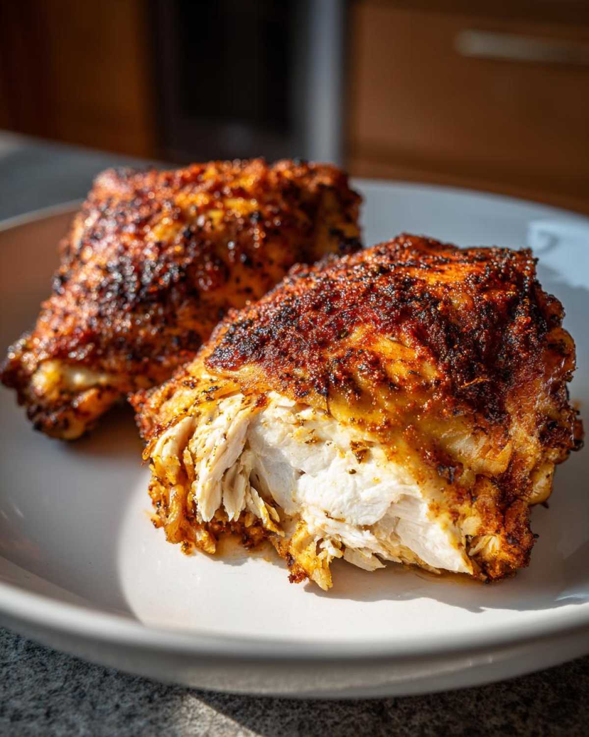 Two Keto Crispy Baked Chicken Thighs on a white plate, one pulled apart showing juicy white meat.