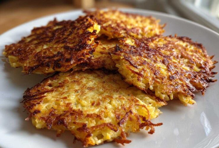 Four golden brown, crispy Keto Crispy Cauliflower Hash Browns stacked on a white plate.