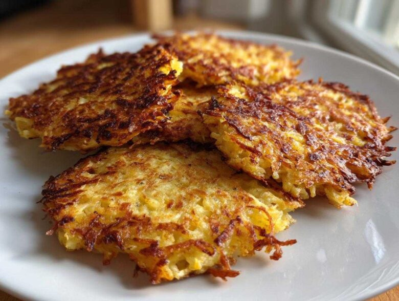 Four golden brown, crispy Keto Crispy Cauliflower Hash Browns stacked on a white plate.