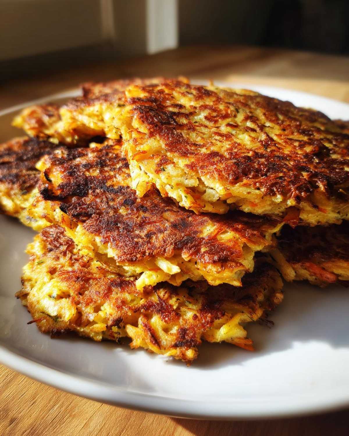A stack of golden brown, crispy Keto Crispy Cauliflower Hash Browns on a white plate.