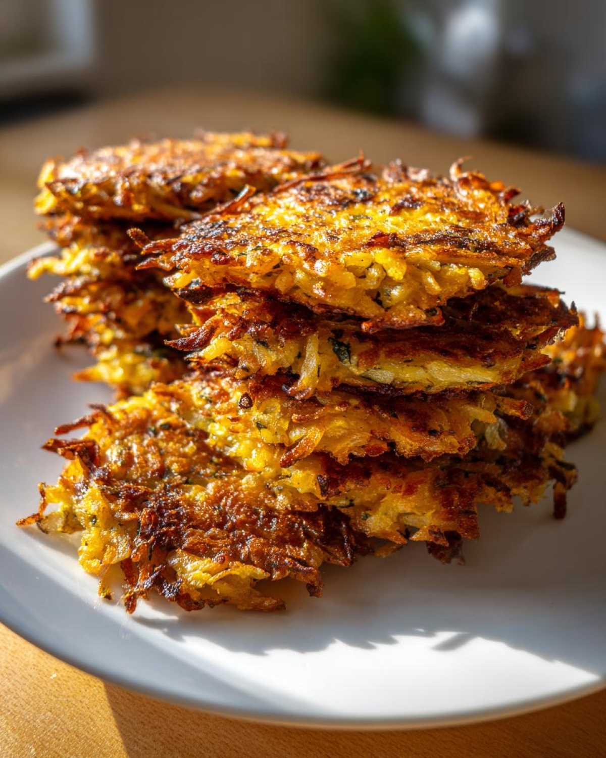 A tall stack of golden brown, crispy Keto Crispy Cauliflower Hash Browns served on a white plate.