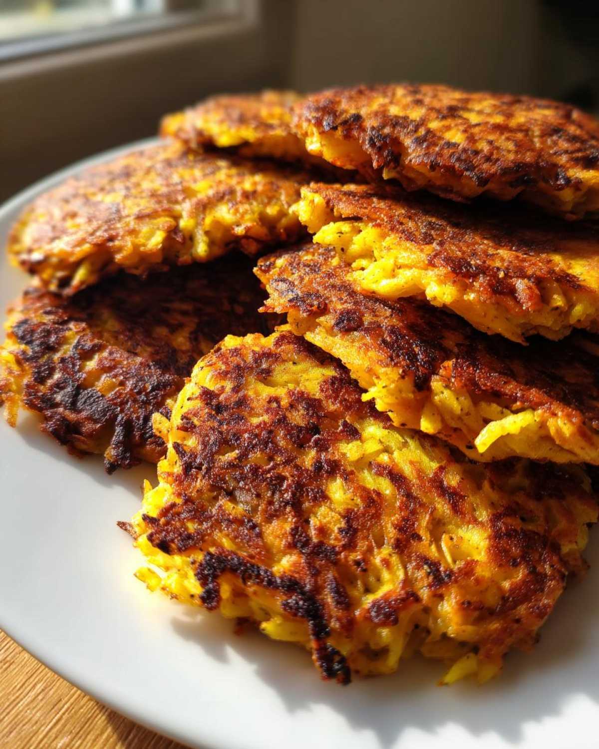 A stack of golden-brown, crispy Keto Crispy Cauliflower Hash Browns on a white plate, catching the sunlight.