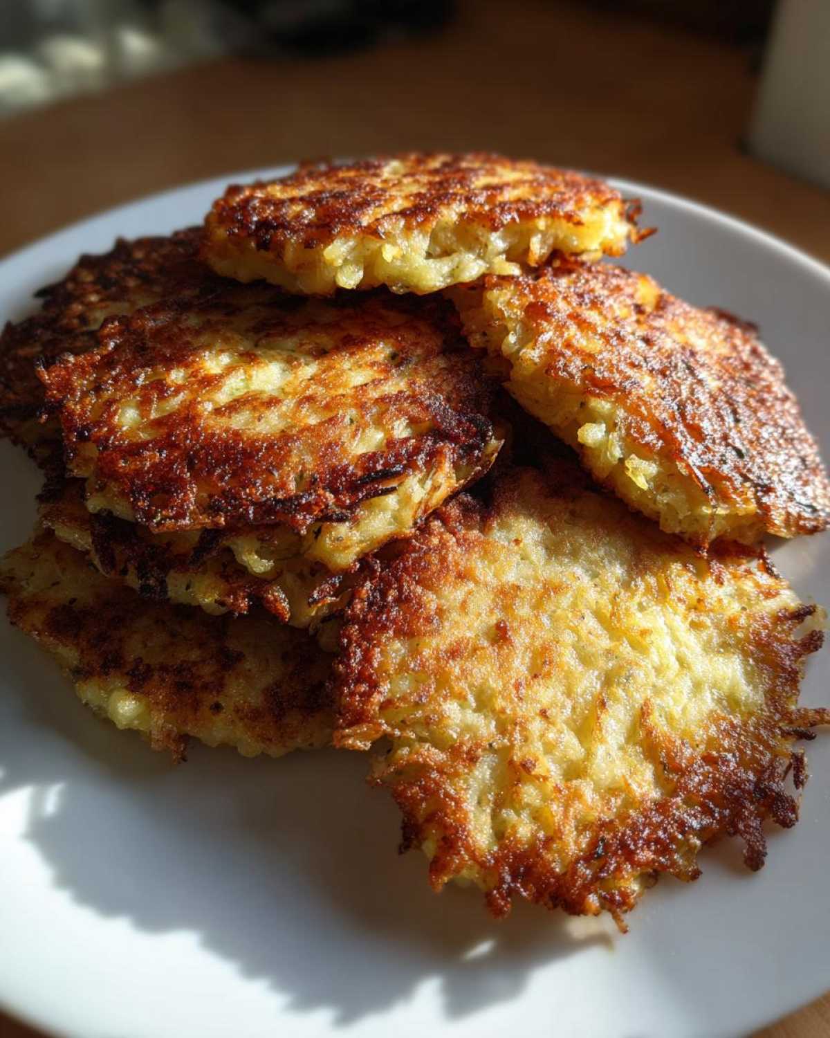 A stack of golden-brown, crispy Keto Crispy Cauliflower Hash Browns glistening under natural light on a white plate.