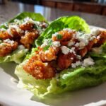 Two lettuce cups filled with crispy, seasoned chicken pieces, topped with blue cheese crumbles, representing Keto Crispy Chicken Caesar Salad Wraps.