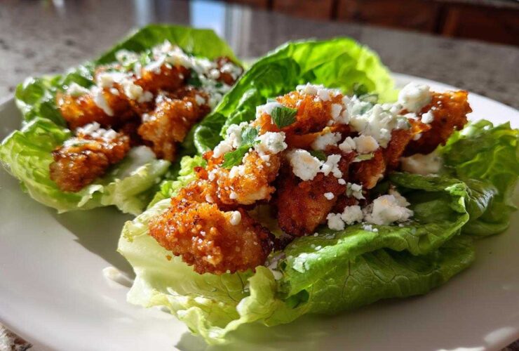 Two lettuce cups filled with crispy, seasoned chicken pieces, topped with blue cheese crumbles, representing Keto Crispy Chicken Caesar Salad Wraps.