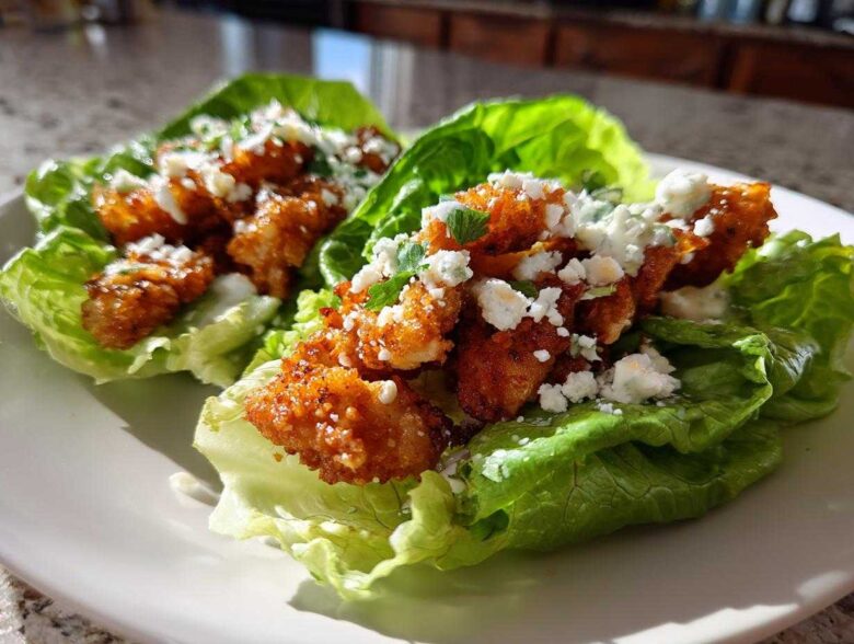 Two lettuce cups filled with crispy, seasoned chicken pieces, topped with blue cheese crumbles, representing Keto Crispy Chicken Caesar Salad Wraps.