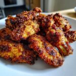 A close-up of a pile of golden-brown, crispy Keto Crispy Parmesan Chicken Wings seasoned with herbs on a white plate.