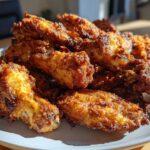 A close-up of a mound of golden brown, crispy Keto Crispy Parmesan Chicken Wings piled high on a white plate.