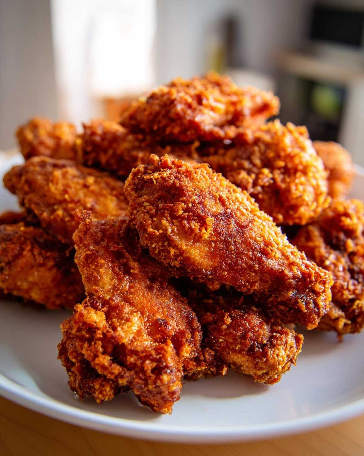Close-up of a mound of golden-brown, super crispy Keto Crispy Parmesan Chicken Wings piled high on a white plate.