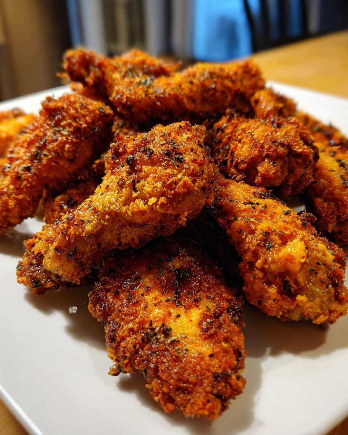 Close-up of a pile of golden brown, crispy Keto Crispy Parmesan Chicken Wings seasoned with herbs.