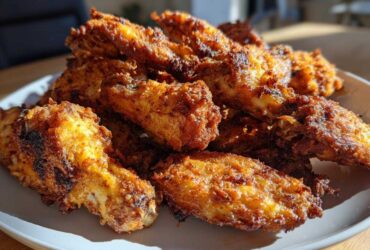 A close-up of a mound of golden brown, crispy Keto Crispy Parmesan Chicken Wings piled high on a white plate.