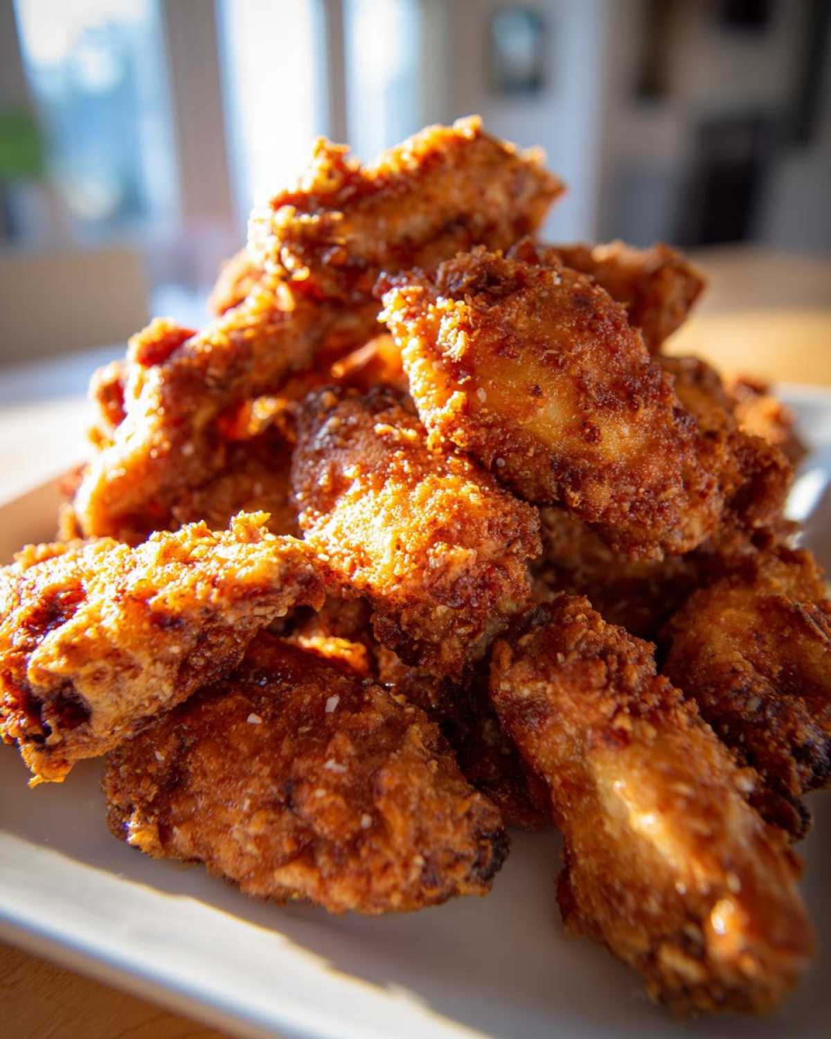 A close-up, sunlit pile of golden brown Keto Crispy Parmesan Chicken Wings stacked on a white plate.