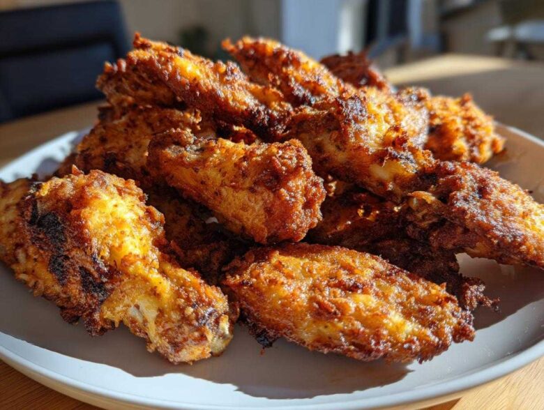 A close-up of a mound of golden brown, crispy Keto Crispy Parmesan Chicken Wings piled high on a white plate.