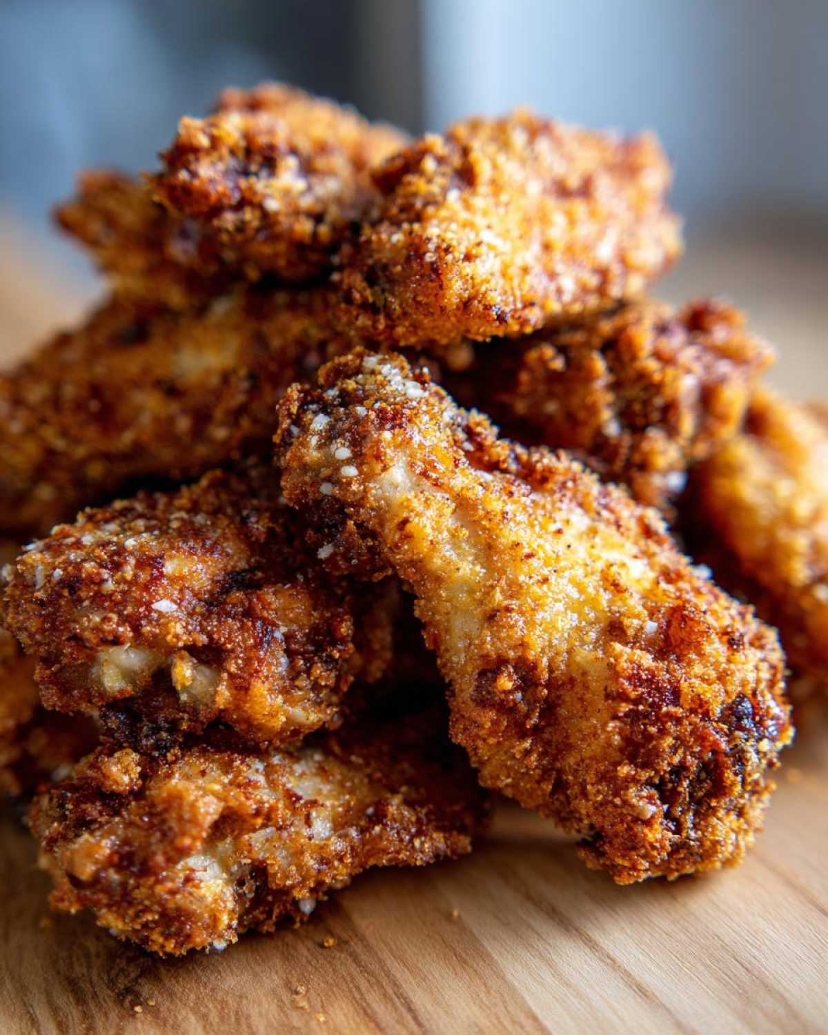 Close-up of a stack of golden brown, crispy Keto Crispy Parmesan Chicken Wings on a wooden surface.