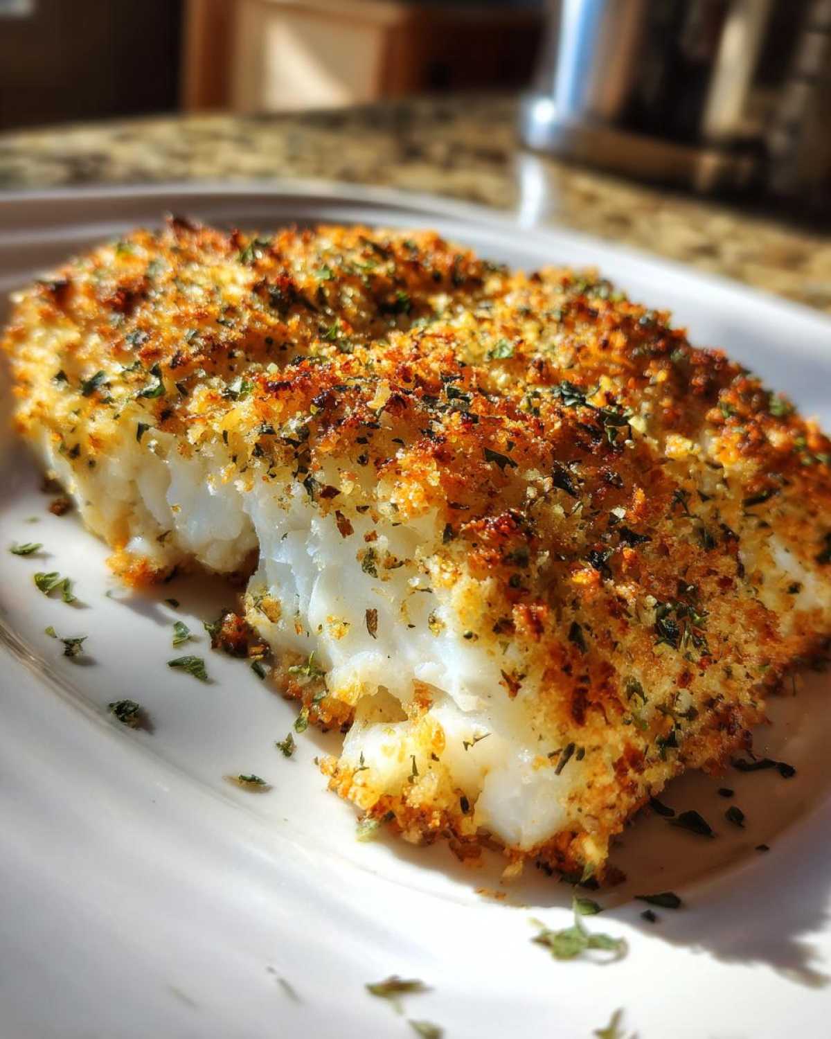 Close-up of a perfectly baked Keto Crispy Parmesan Crusted Cod fillet showing flaky white fish and a golden brown herb topping.