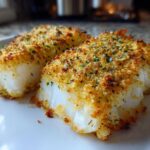 Close-up of two perfectly baked Keto Crispy Parmesan Crusted Cod fillets showing flaky white fish and golden crust.