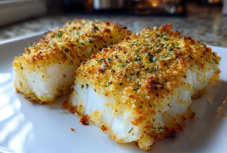Close-up of two perfectly baked Keto Crispy Parmesan Crusted Cod fillets showing flaky white fish and golden crust.