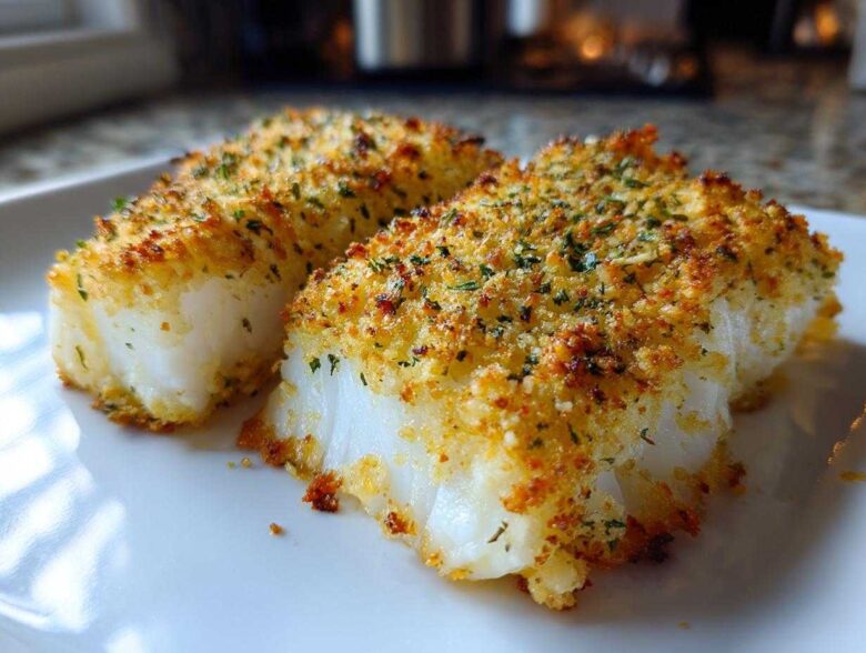 Close-up of two perfectly baked Keto Crispy Parmesan Crusted Cod fillets showing flaky white fish and golden crust.