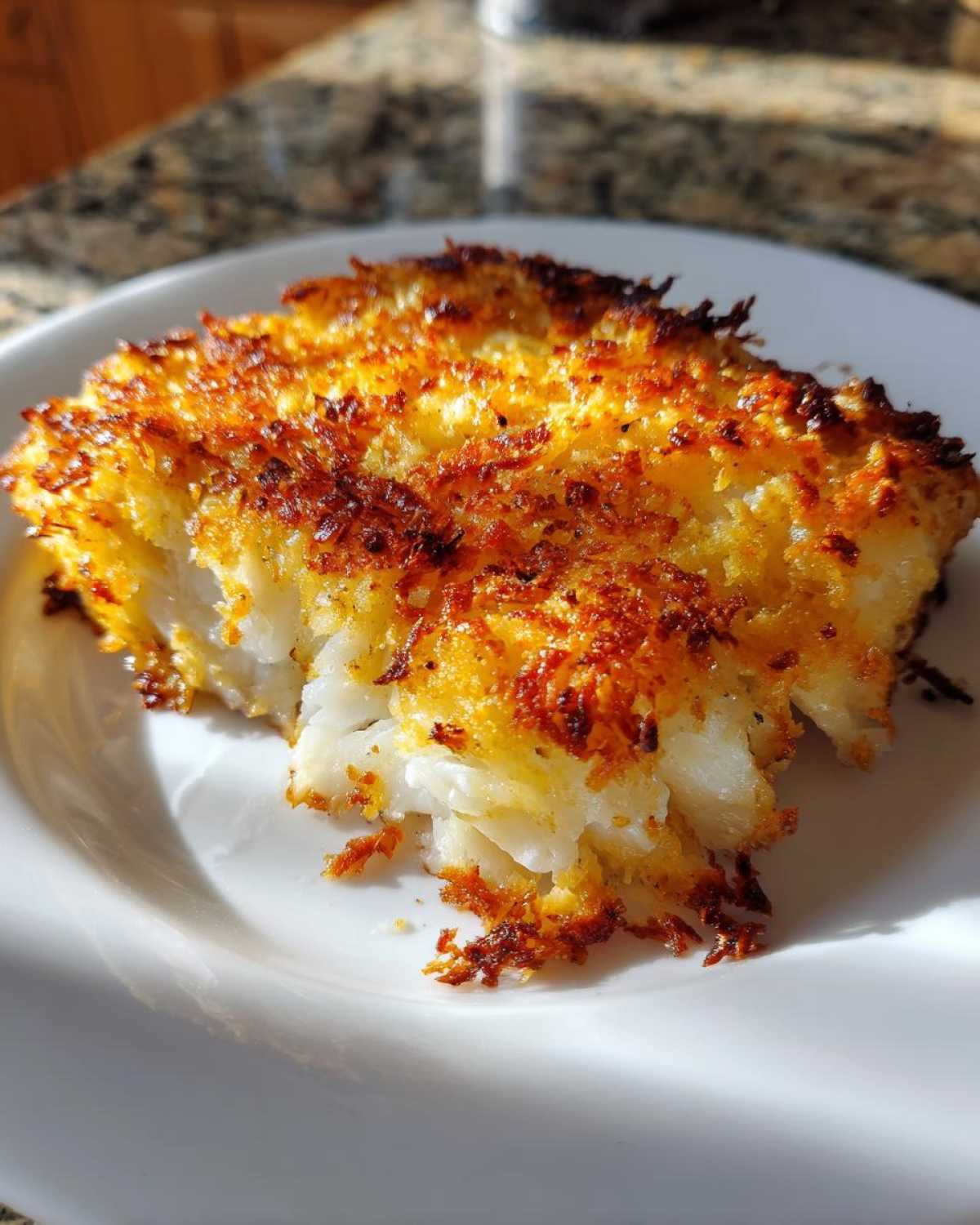 A close-up of a flaky white fish fillet topped with a golden-brown, crispy Keto Crispy Parmesan Crusted Cod topping.