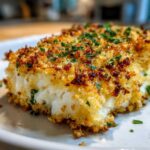 A close-up of a flaky white fish fillet topped with golden brown, crispy Parmesan crust, garnished with fresh parsley. This is Keto Crispy Parmesan Crusted Cod.