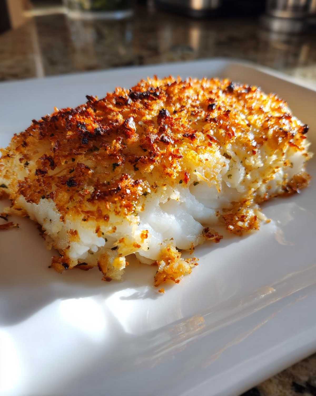 A close-up of a perfectly cooked Keto Crispy Parmesan Crusted Cod fillet showing flaky white fish and a golden-brown crust.